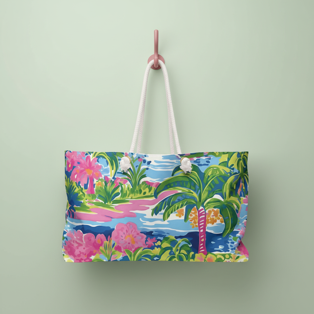 Bright tropical Kiawah Weekender tote bag with bold design hanging on a pink hook, with a green background