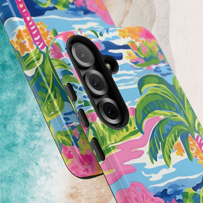 Close up views of the Kiawah Tough Case for Galaxy with tropical design on a beach background