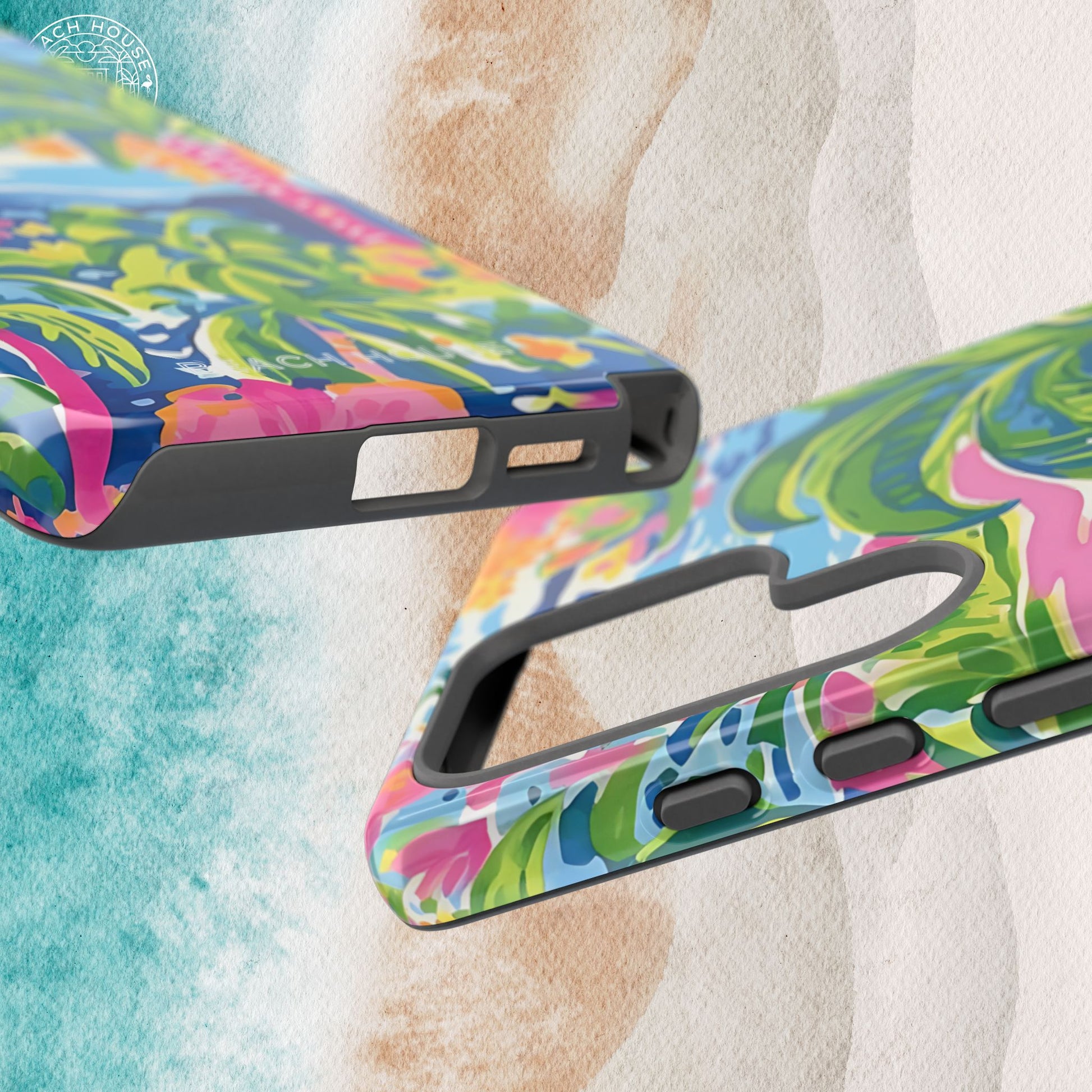 Top and bottom views of the Kiawah Tough Case for Galaxy with a tropical pattern on a textured surface