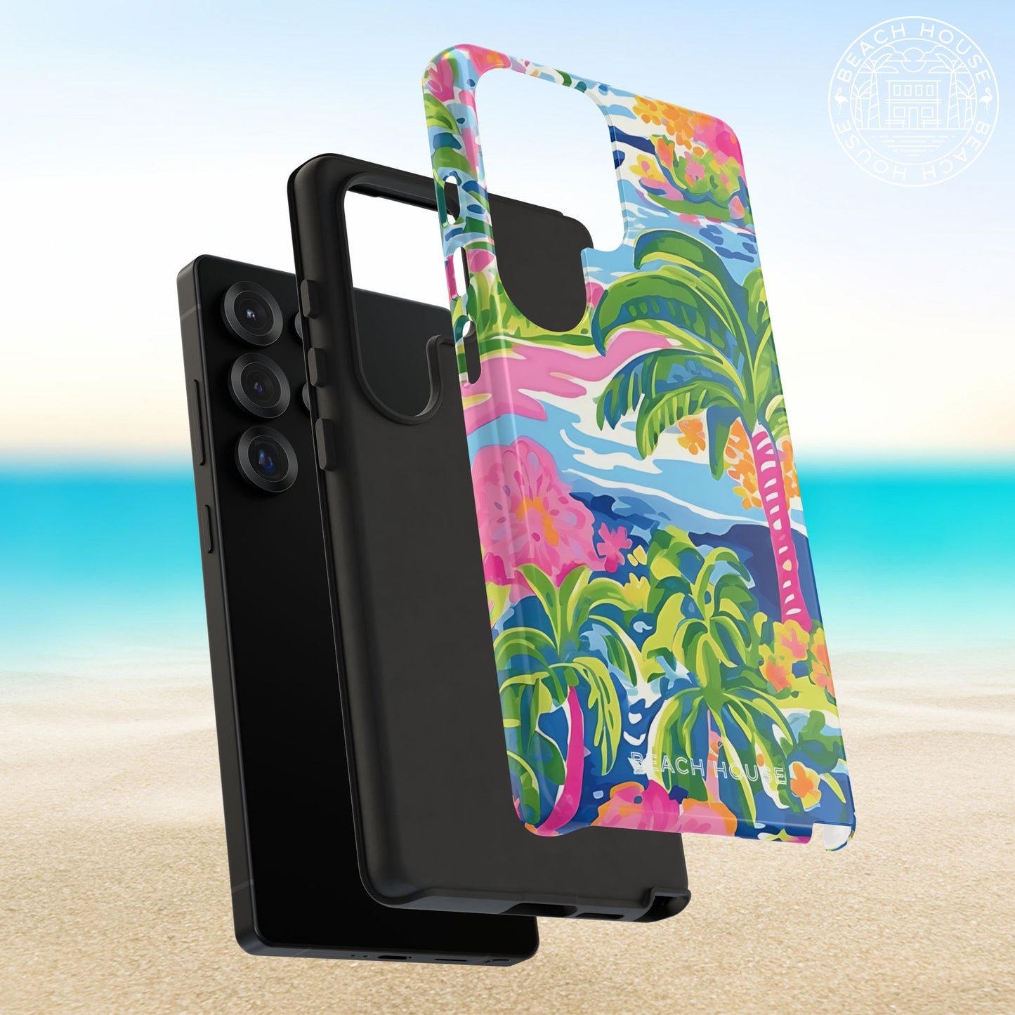 Protective layers of the Kiawah Tough Case for Galaxy with coastal palm tree design on a beach background