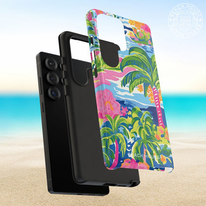 Protective layers of the Kiawah Tough Case for Galaxy with coastal palm tree design on a beach background