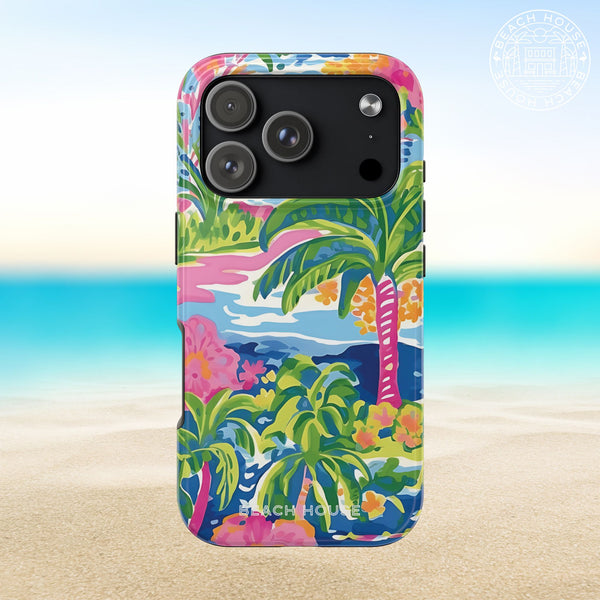 Kiawah Tough Case for iPhone 17 Pro with tropical design on a beach background