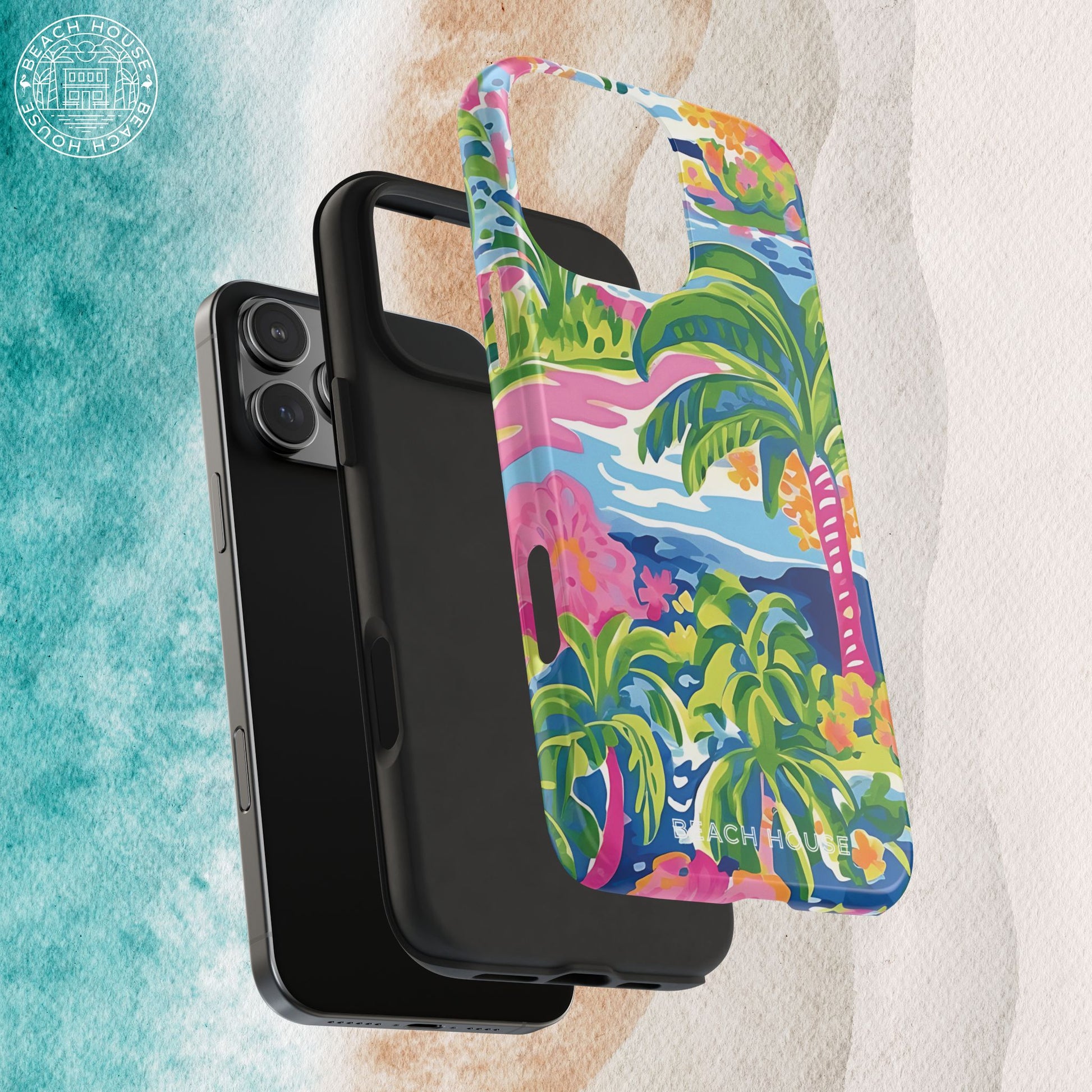 Protective outer shell and shock absorbent liner of the Kiawah Tough Case for iPhone on a beach-themed background