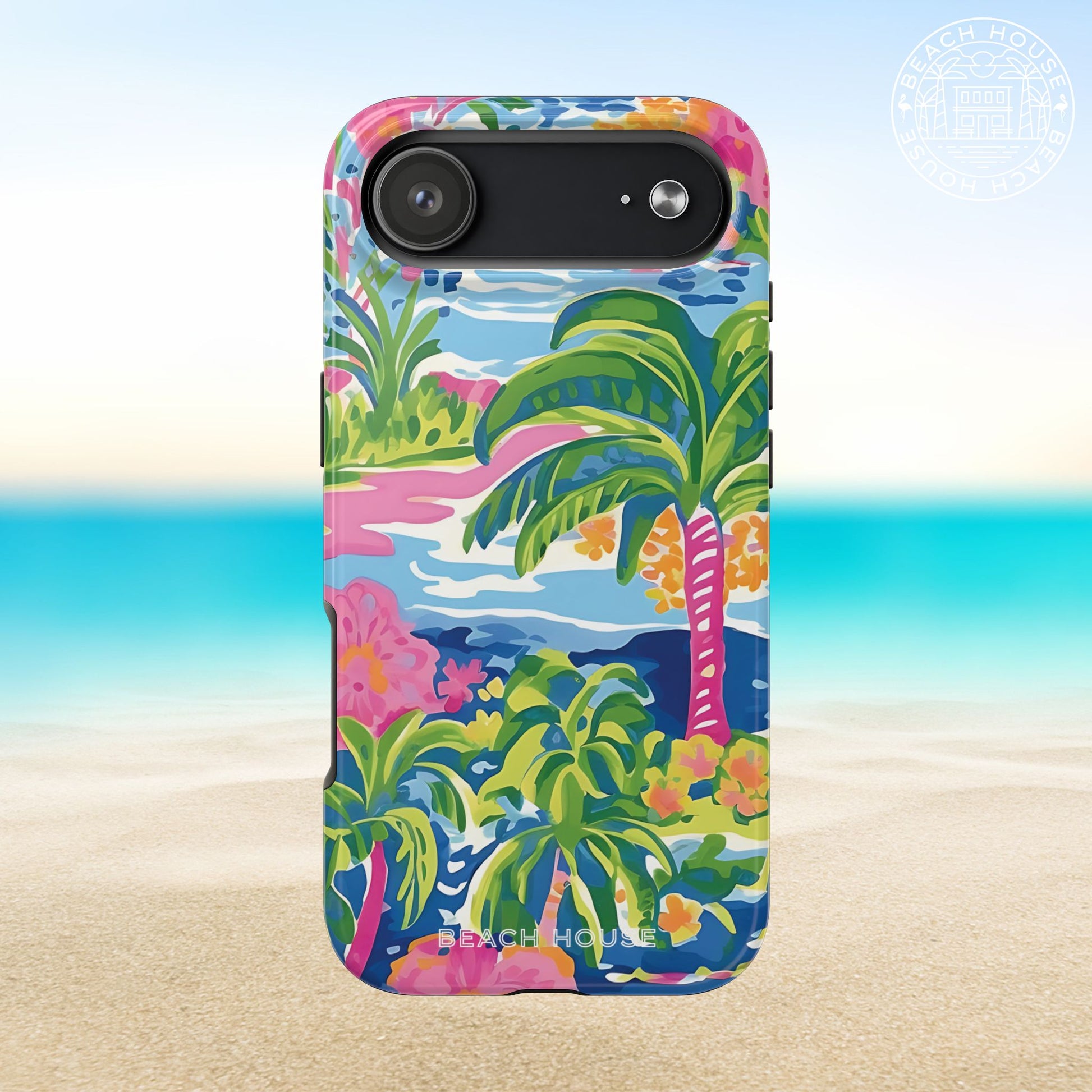 Kiawah Tough Case for iPhone 17 Air with tropical design on a beach background