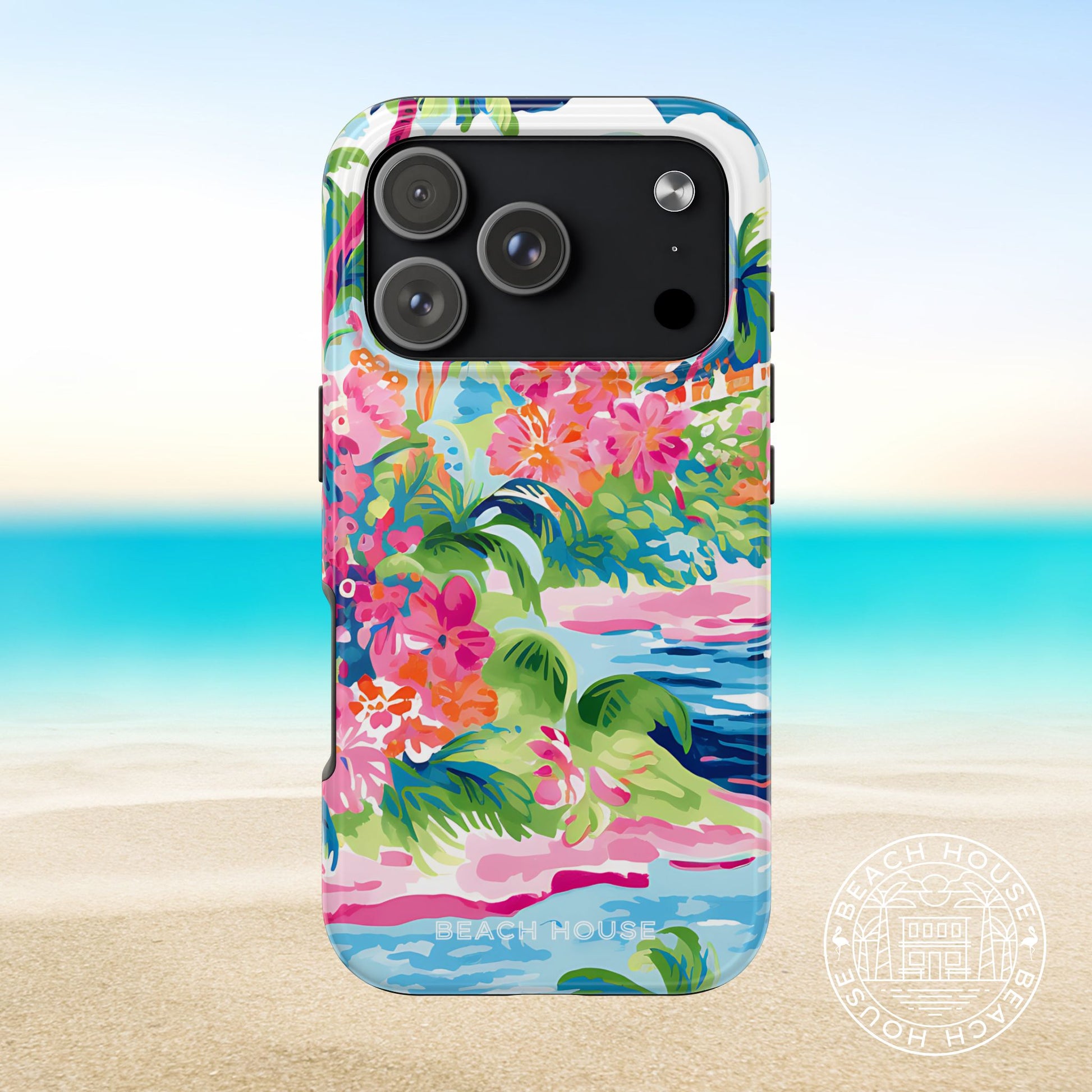 Laguna Tough Case for iPhone 17 Pro with tropical design on a beach background