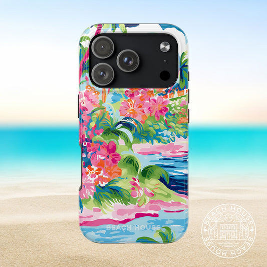Laguna Tough Case for iPhone 17 Pro with tropical design on a beach background