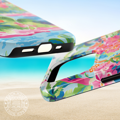 Top and bottom views of the Laguna Tough Case for iPhone on a sandy background