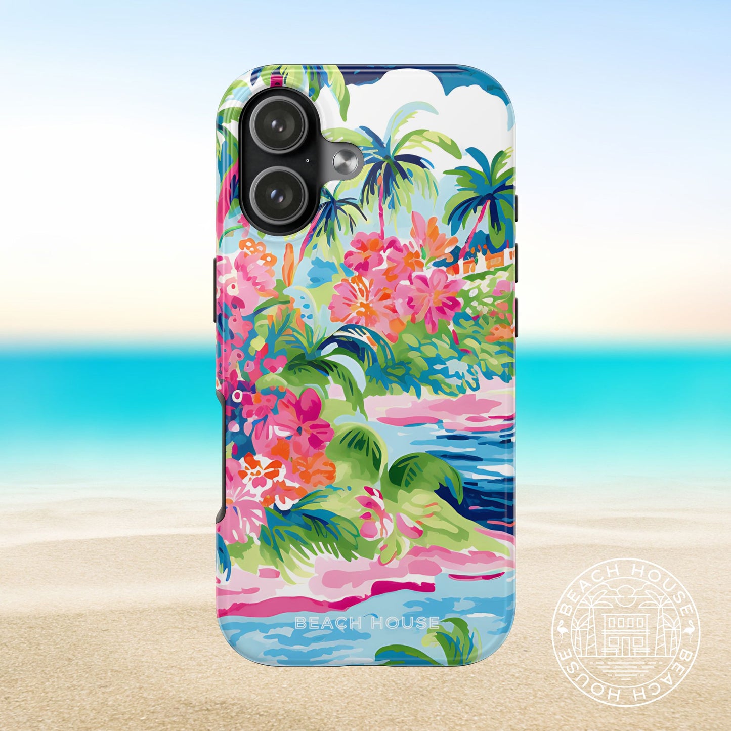 Laguna Tough Case for iPhone 17 with tropical design on a beach background