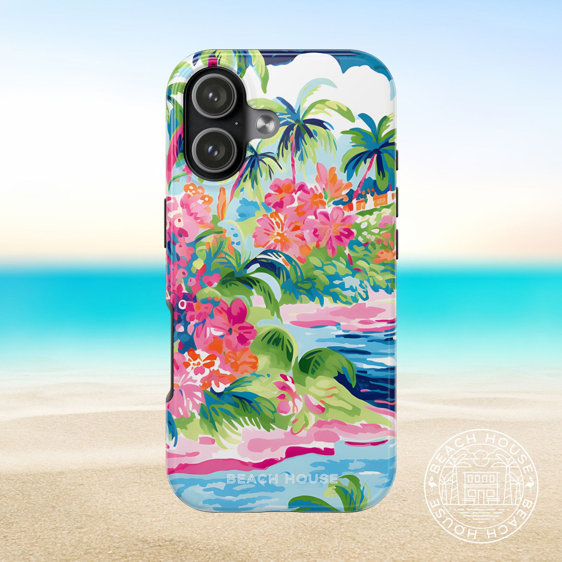Laguna Tough Case for iPhone 17 with tropical design on a beach background