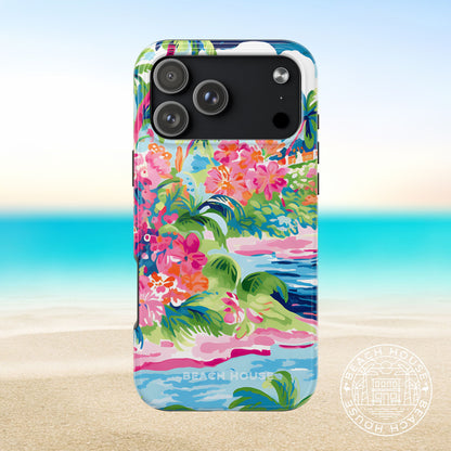 Laguna Tough Case for iPhone 17 Pro Max with colorful floral design on a beach background