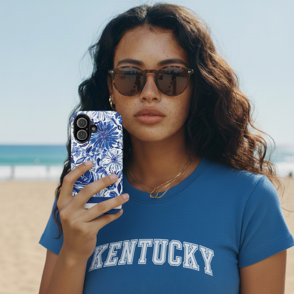 Woman holding a phone with a floral Lexington MagSafe Tough Case for iPhone on a beach