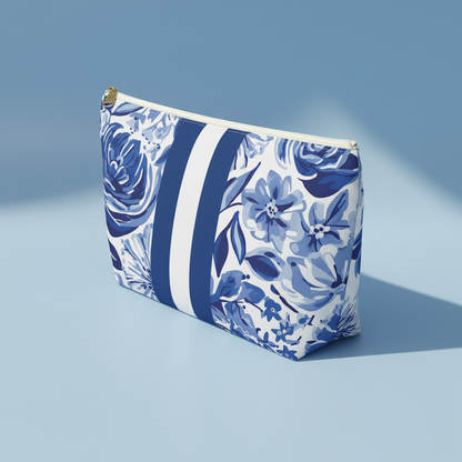 Blue floral patterned pouch on a light blue background