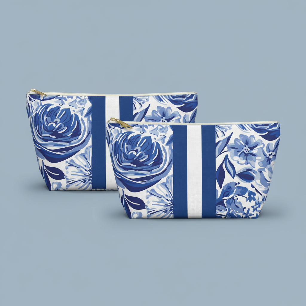 Two blue floral-patterned bags with white stripes on a light blue background