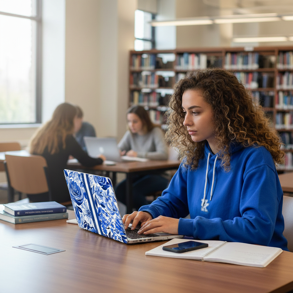Woman using a laptop with a blue floral Lexington MacBook Case in a library setting