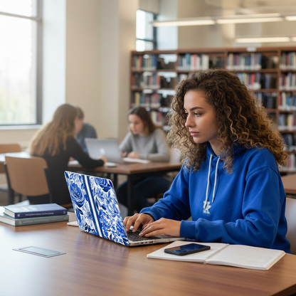 Woman using a laptop with a blue floral Lexington MacBook Case in a library setting