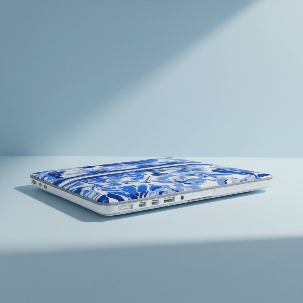 Laptop with blue floral Lexington MacBook Case on a light gray background