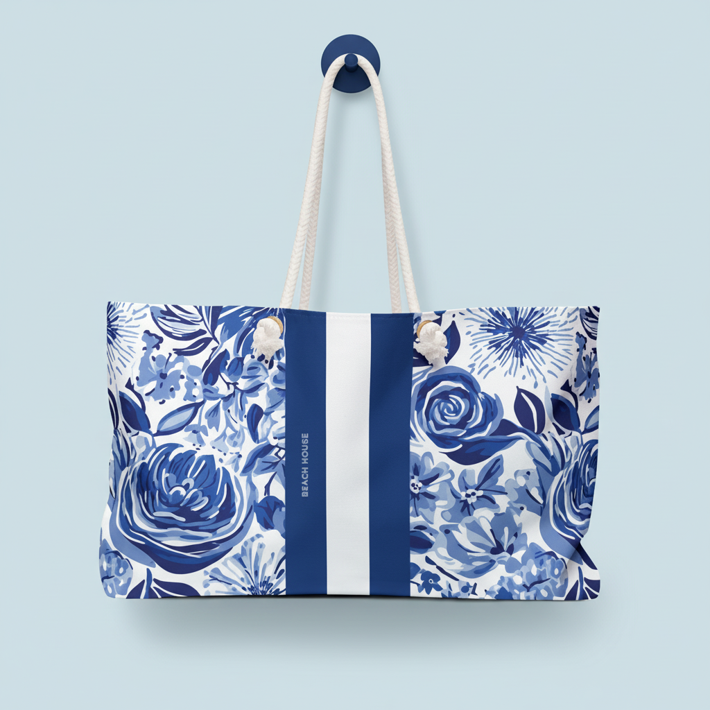 Lexington Weekender Tote Bag with blue floral pattern and white stripe on a light blue background