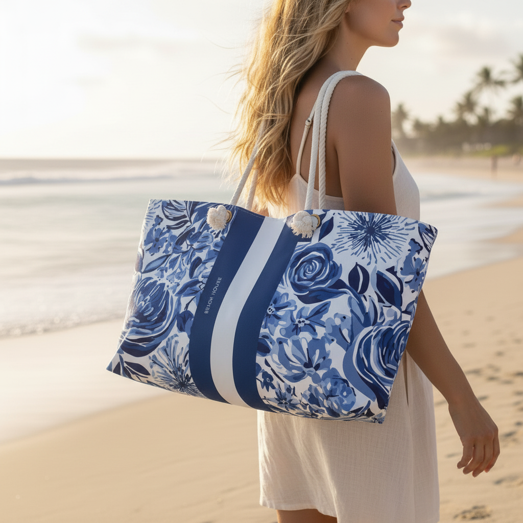 Lexington Weekender Tote Bag with blue floral design on a light beach background