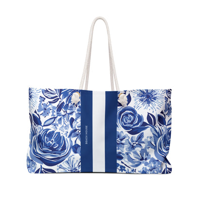 Front view of the Lexington Weekender Tote Bag with blue and white design on a white background