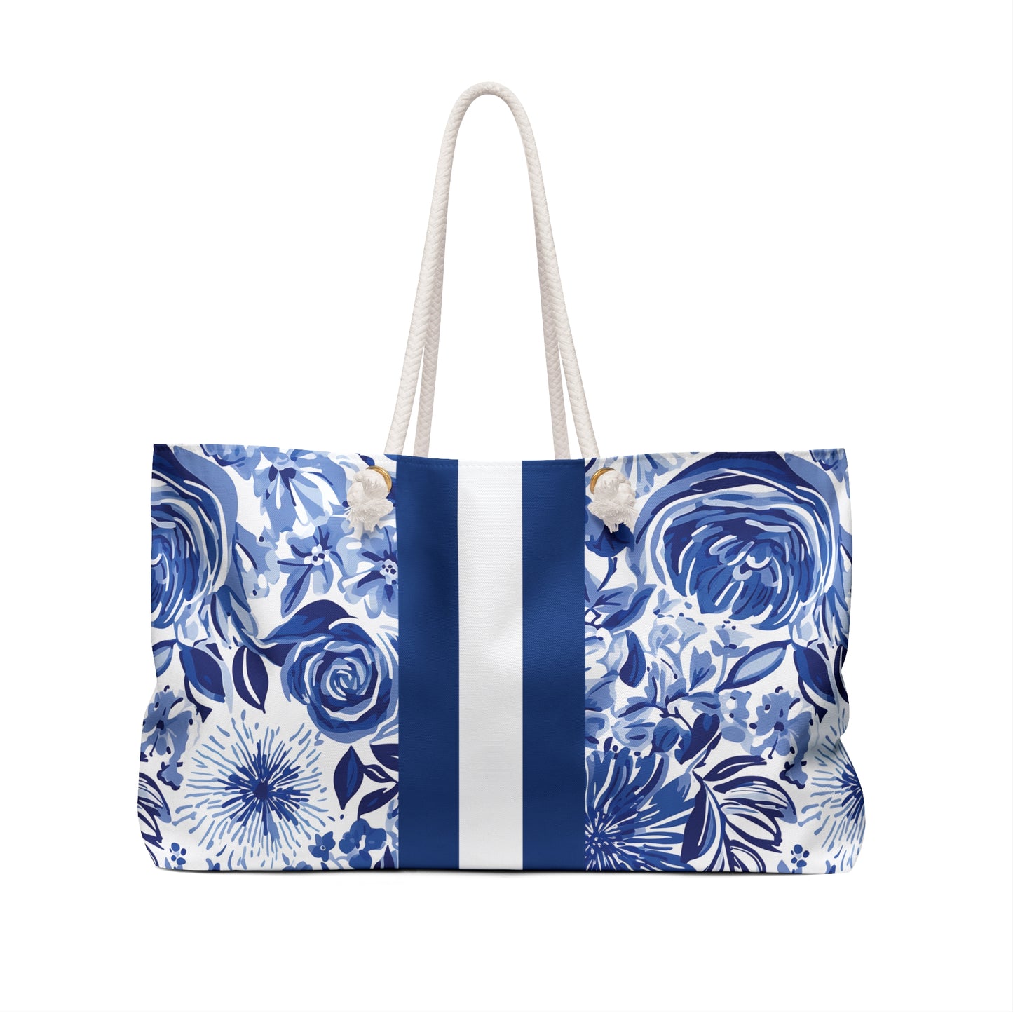 Back view of the Lexington Weekender Tote Bag with blue floral pattern and white straps on a white background