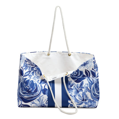 Lexington_Weekender_Tote_Bag2 with blue floral pattern on a white background
