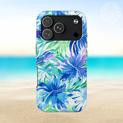 Longboat Tough Case for iPhone 17 Pro with blue and green floral pattern on a beach background