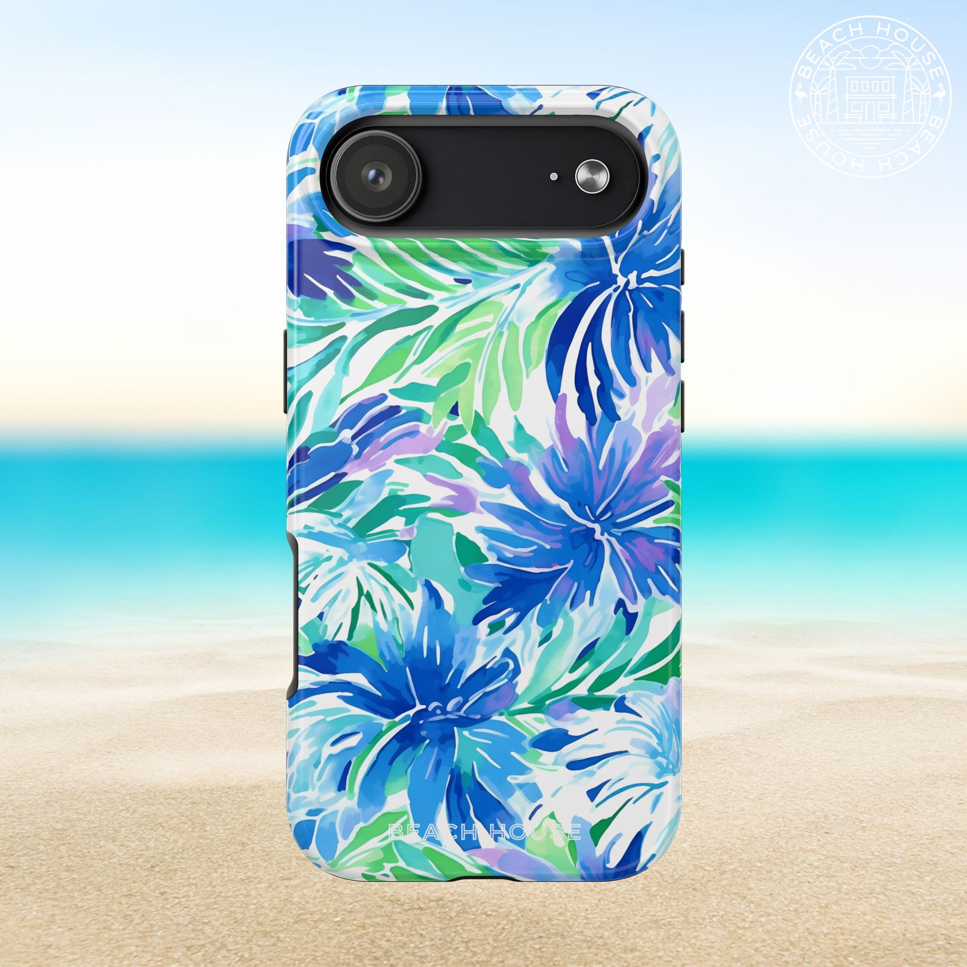 Longboat Tough Case for iPhone 17 Air with blue and green pattern on a beach background
