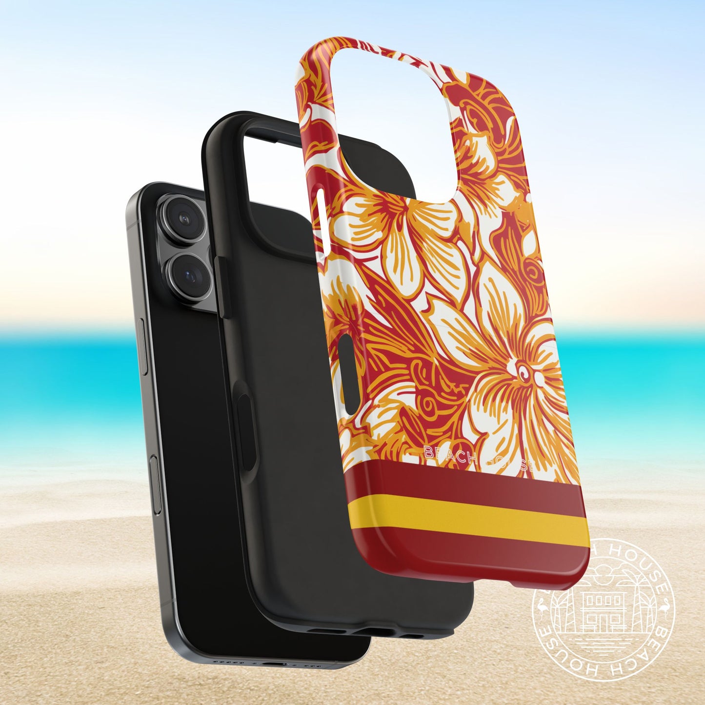 Protective layers of the Los Angeles Tough Case for iPhone with Trojan floral design on a beach background