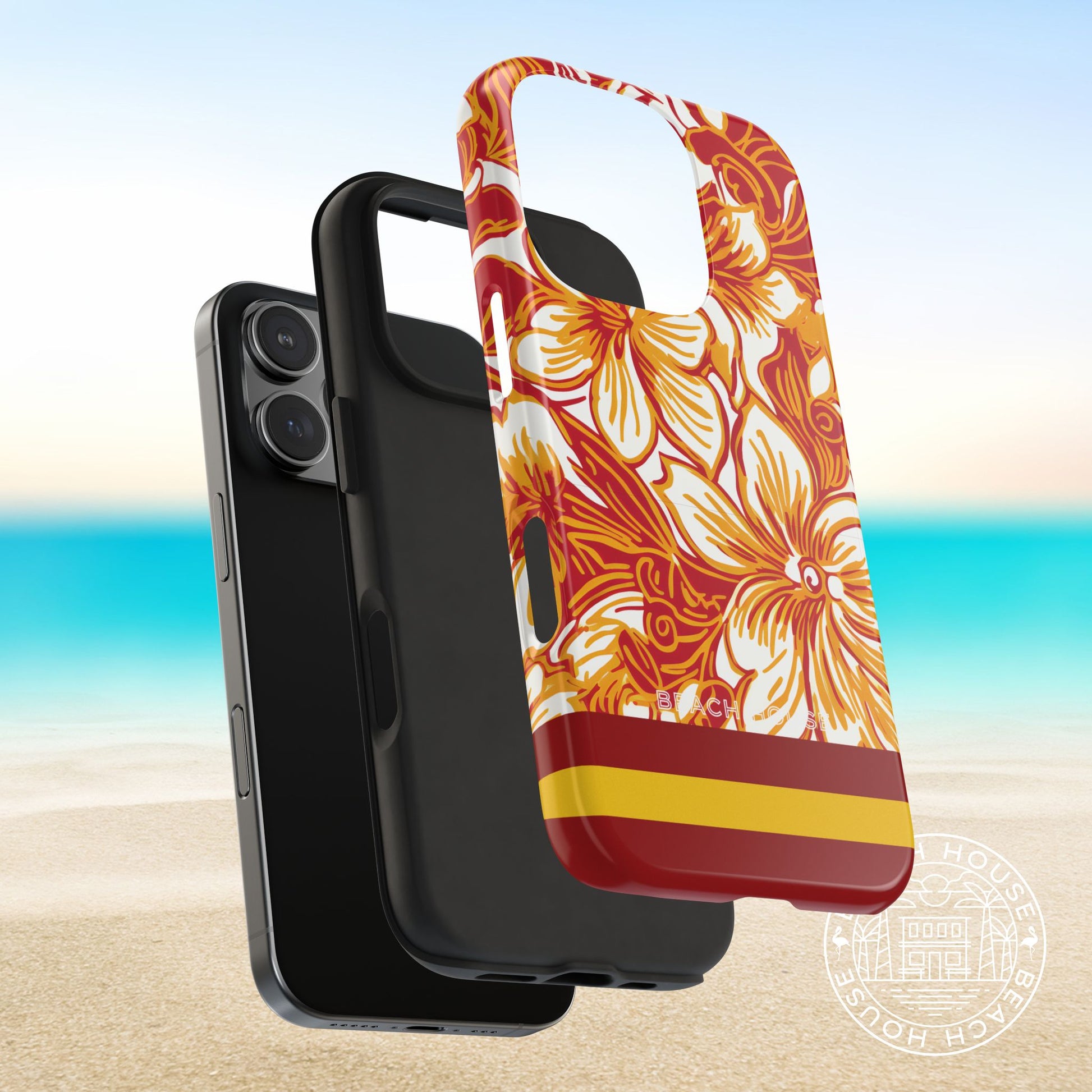 Protective layers of the Los Angeles Tough Case for iPhone with Trojan floral design on a beach background