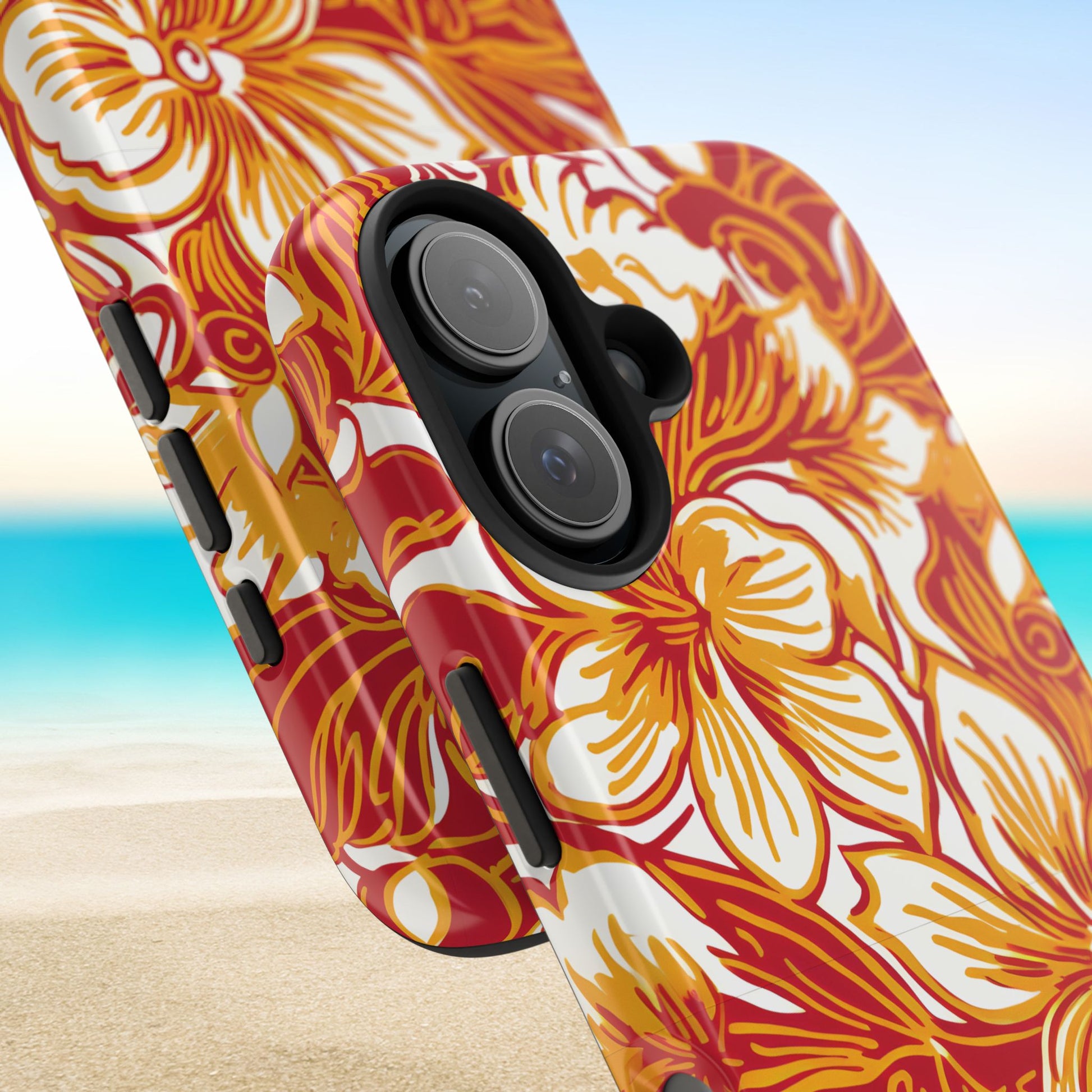 Close up views of the Los Angeles Tough Case for iPhone with floral pattern on a beach background