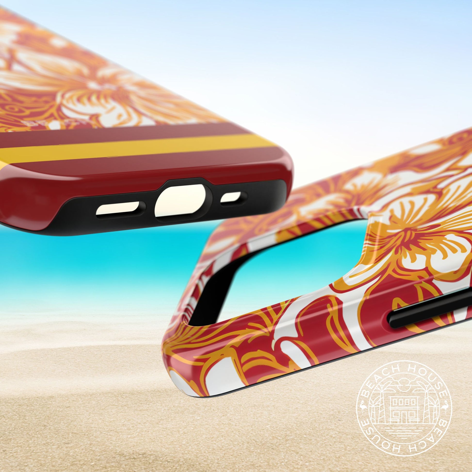 Top and bottom views of the Los Angeles Tough Case for iPhone on a beach background