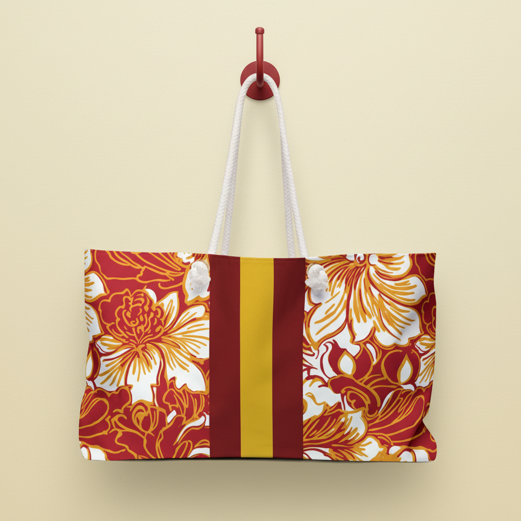 Los Angeles Weekender Tote Bag with floral pattern and yellow stripe on beige background