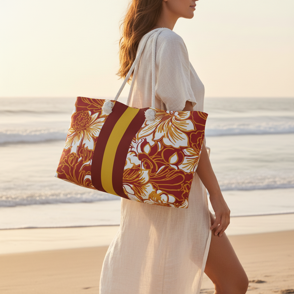 Woman walking on a beach with a floral and stripe patterned Los Angeles Weekender Tote Bag