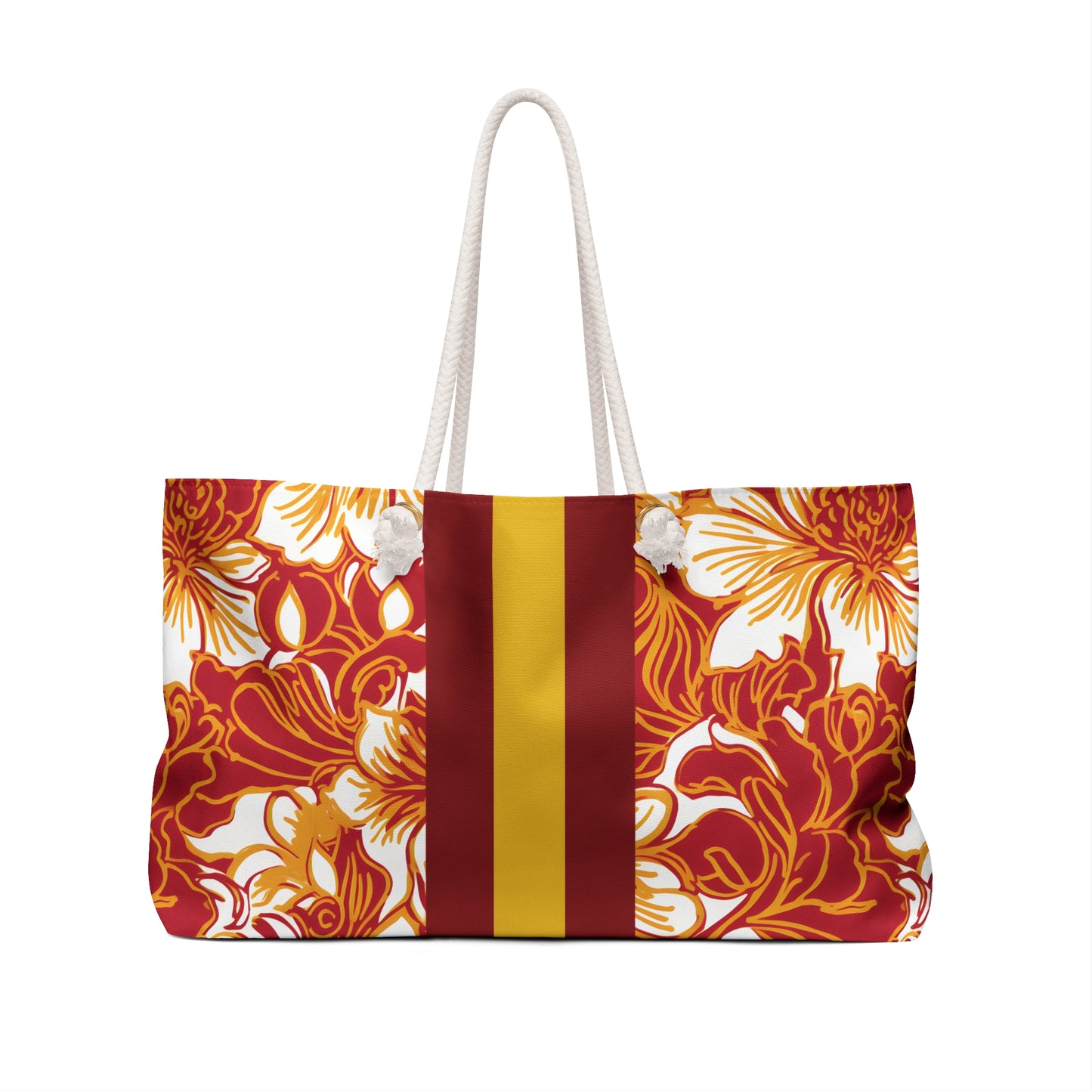 Back view of the Los Angeles Weekender Tote Bag  with floral pattern and red stripe on a white background