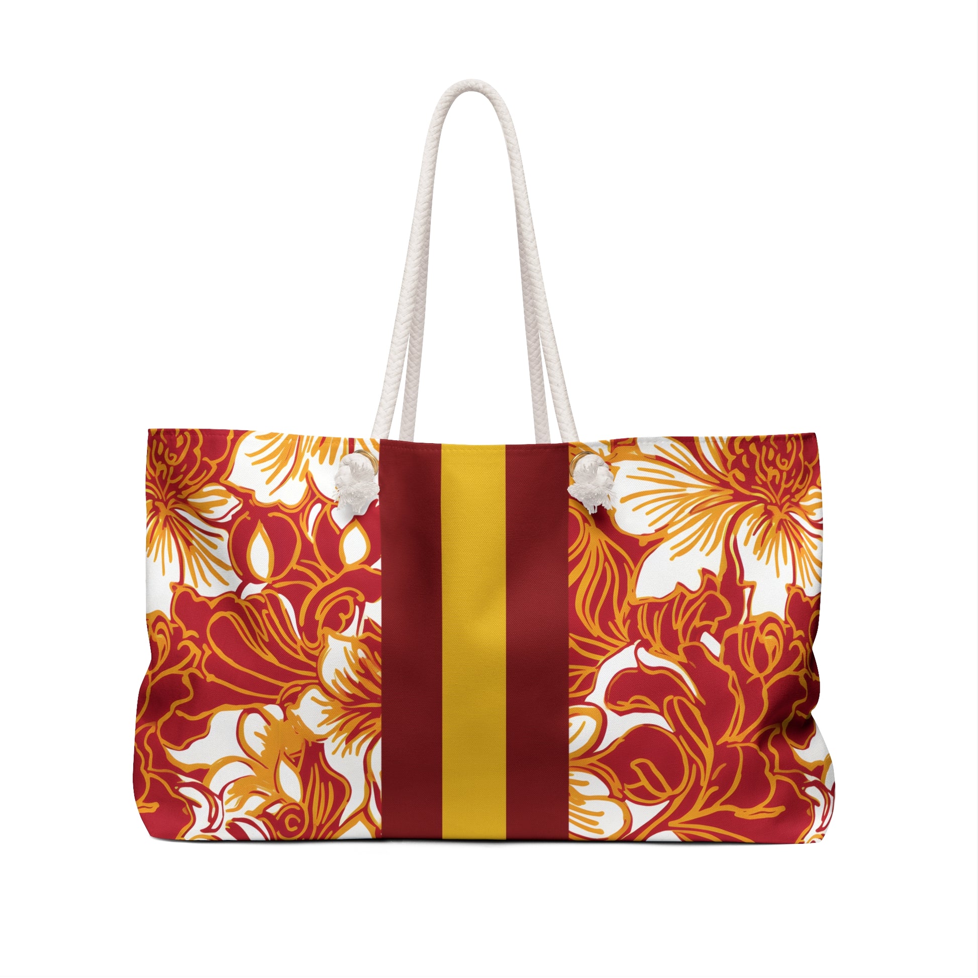 Back view of the Los Angeles Weekender Tote Bag  with floral pattern and red stripe on a white background