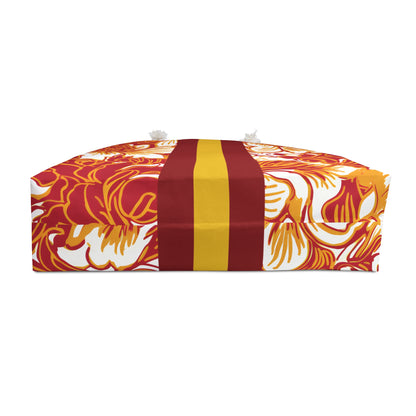 Bottom view of the Los Angeles Weekender Tote Bag with red, yellow, and white pattern on a white background