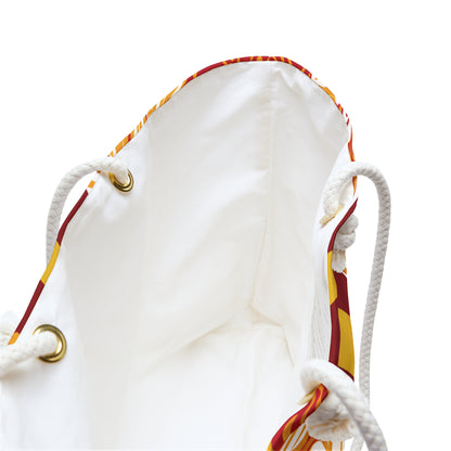 Interior view of the Los Angeles Weekender Tote Bag with red and yellow accents on a white background