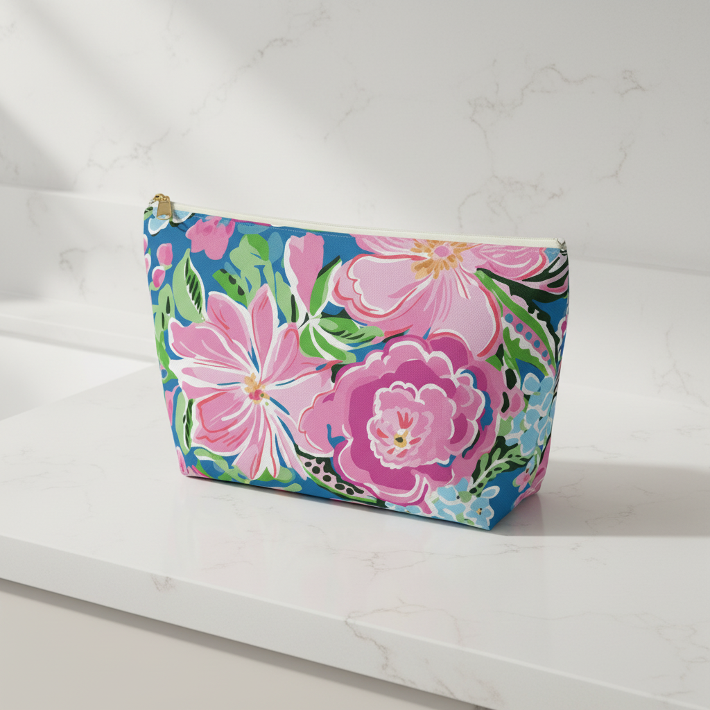 Floral patterned pouch on a white marble surface