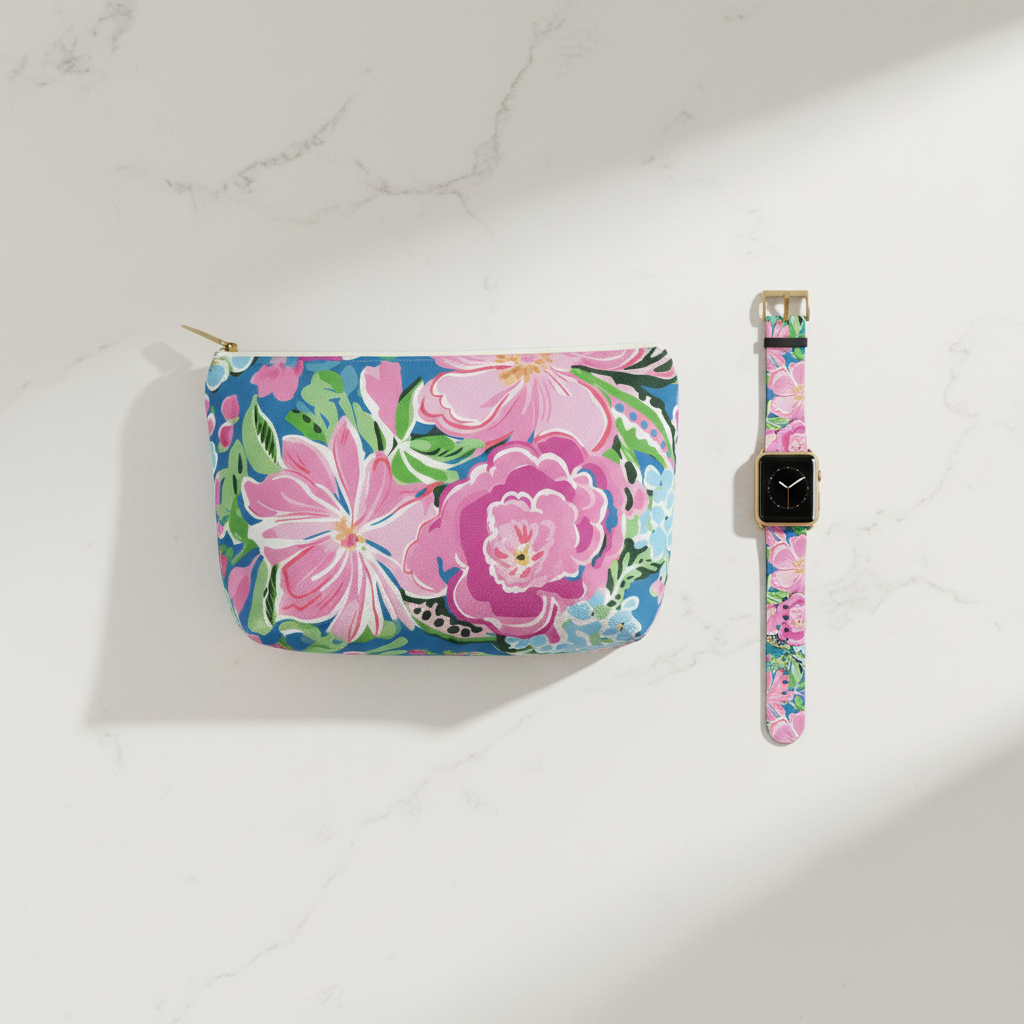 Floral-patterned pouch and watch band on a white marble background