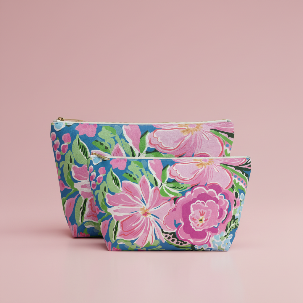 Floral patterned pouches on a pink background