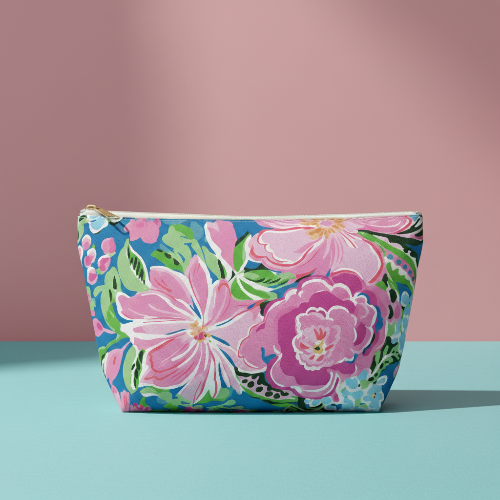 Floral pouch on a pink and blue gradient background