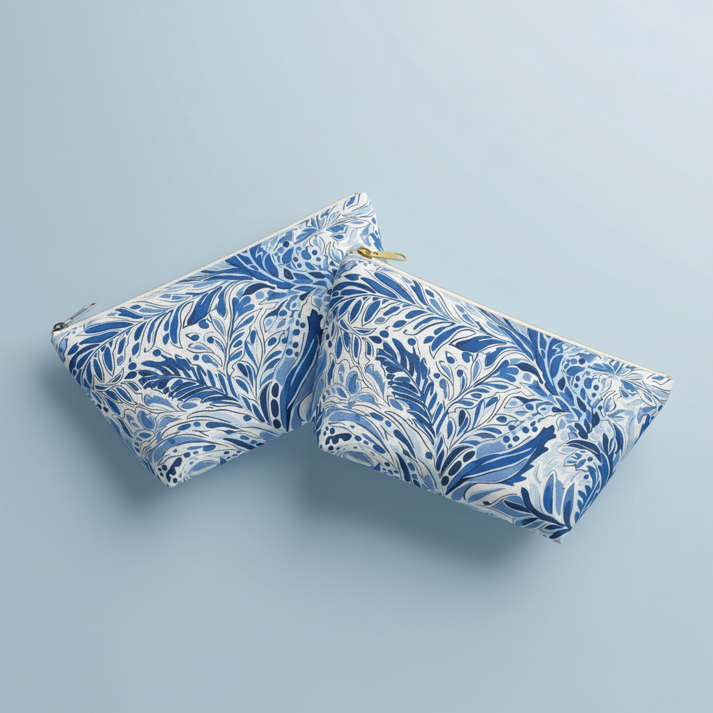 Blue and white patterned pouch on a light blue background