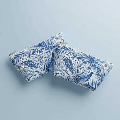 Blue and white patterned pouch on a light blue background