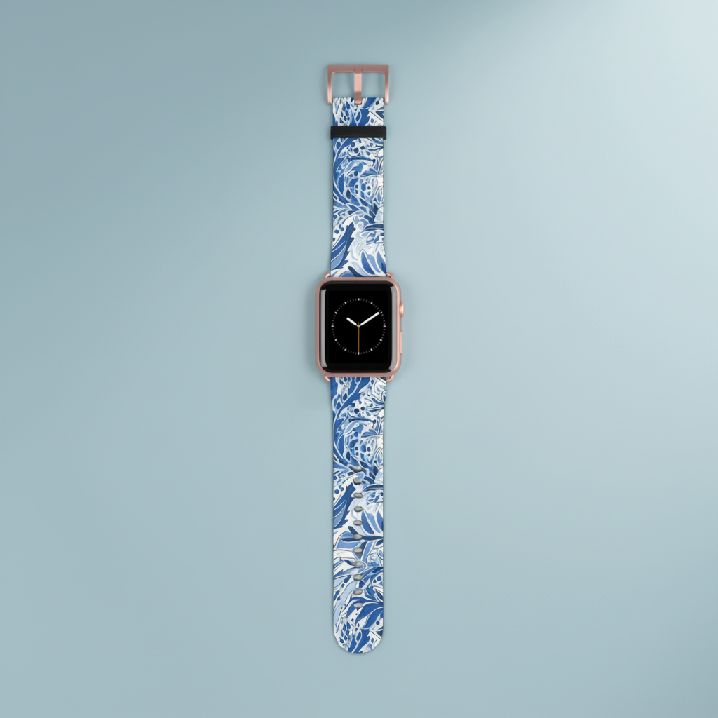 Smartwatch with a blue floral Nags Head patterned band on a light gray background