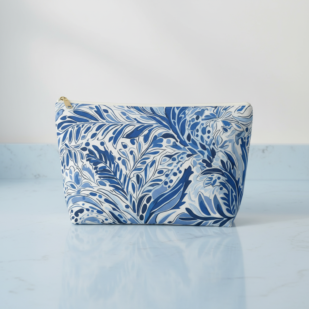 Blue and white floral patterned pouch on a light blue background