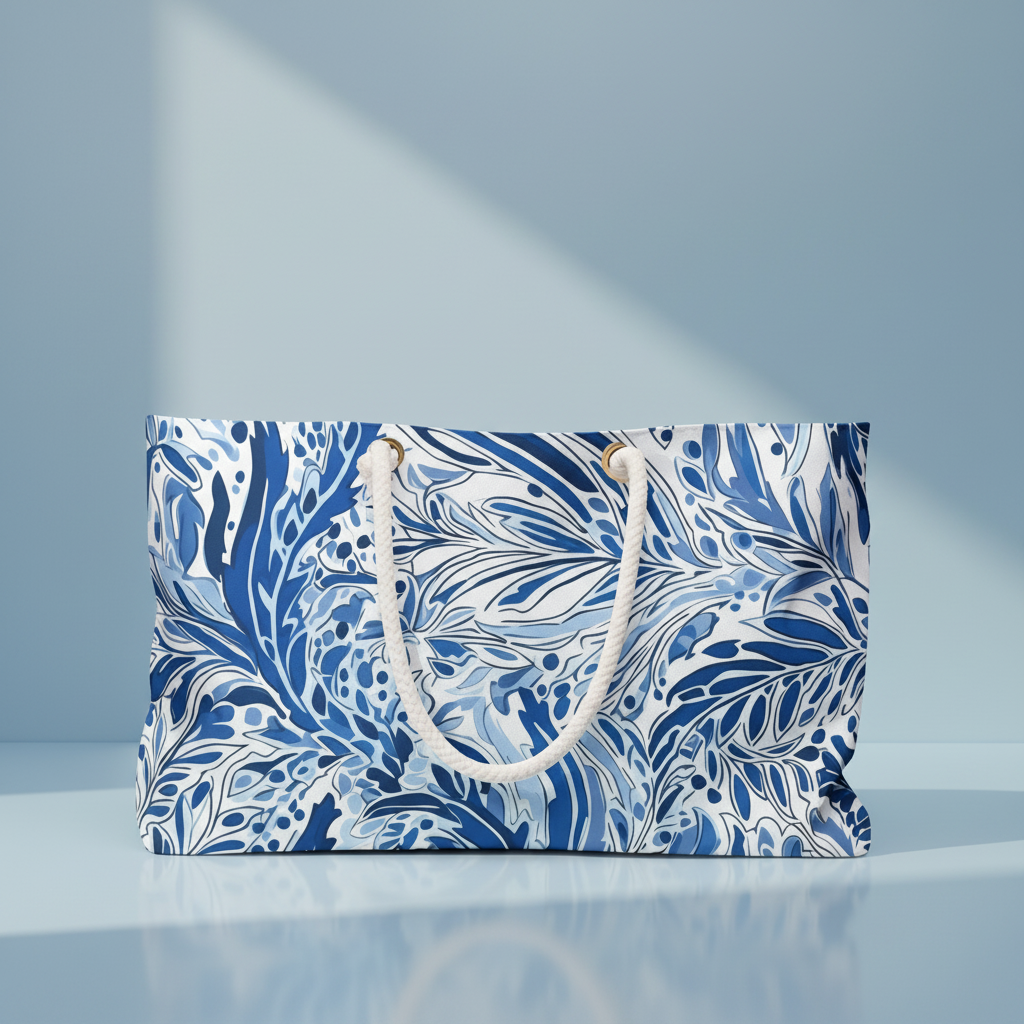 Blue and white patterned Nags Head Weekender tote bag on a light blue background.