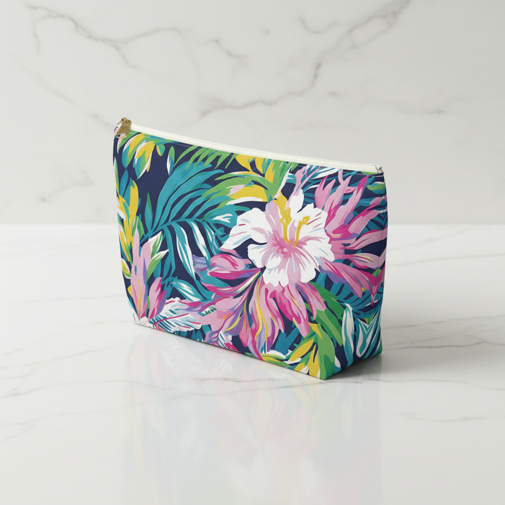 Floral patterned pouch on a white marble background