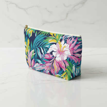 Floral patterned pouch on a white marble background