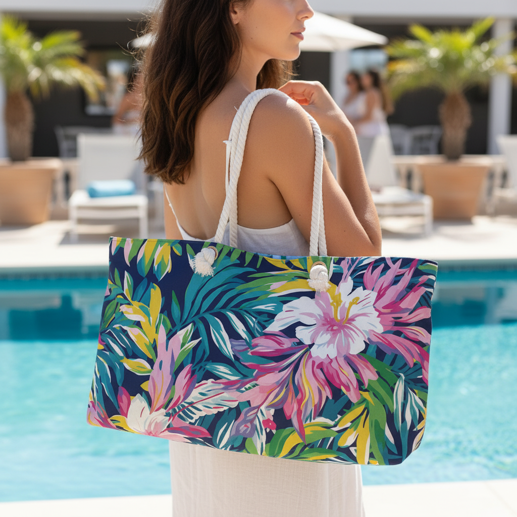 Woman holding a Waikiki tropical beach bag by a poolside