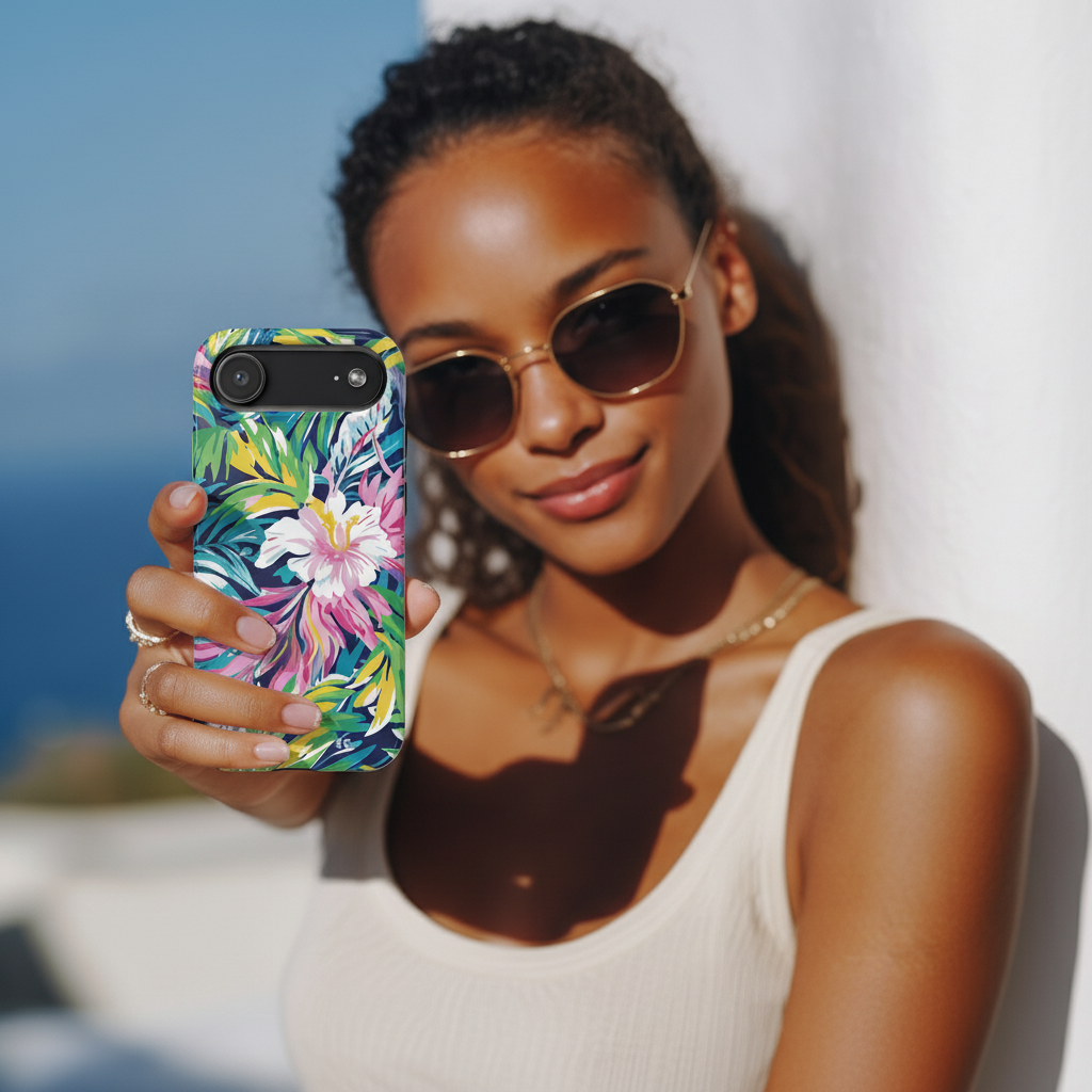 Woman holding a phone with a colorful floral case against a bright background